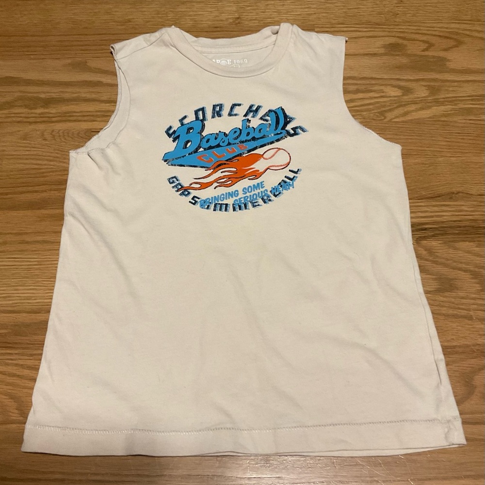 Boy’s Gap Athletic Dept Baseball Graphic Beige Sleeveless Cotton Tee.